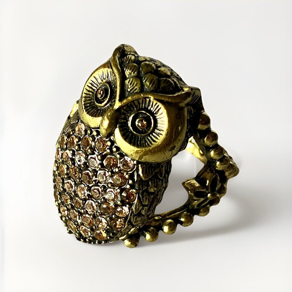 Fossil Owl Locket Cocktail Ring Size 8 Rhinestone Antique Gold Tone Statement